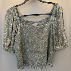 LOFT Dotted Smocked Blouse Sage Green, Size S